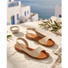 Türkbükü Sandalet Ekru Minimalist Hakiki Deri Kadın Sandalet
