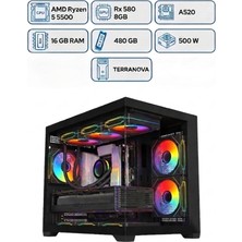 Esma X1 Ryzen 5 5500 16GB Ram 480GB M.2 RX580 8gb 256BIT Rgb 6 Fanlı Akvaryum Siyah Gaming Kasa