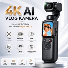 Airstorr 4K 30FPS El Tipi Vlog Kamera – 330° Aı  Yüz Takip, Stabilizasyonlu, Selfie Lensli Kamera