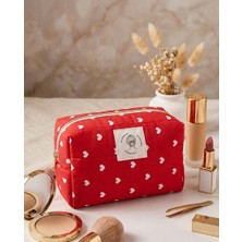 Handmade Myscrunchies Kırmızı Kalpli Kapitone Makyaj Çantası - Büyük Boy Seyahat ve Kozmetik Düzenleyici Pouch