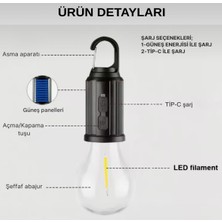 Aşkana Taşınabilir Askılı Ampul Kamp Lambası,solar ve USB Type-C Şarjlı LED Ampul Lamba,su Geçirmez,iç/dış Mekan,kamp,çadır,bahçe,aydınlatma