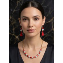Woona Ay Taşı & Kırmızı Mercan Taşlı Çelik Zincir Kolye ve Küpe Premium Set