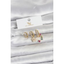 Twin Store Pirinç Gold Renk Çiçek Model 3'lü Kadın Küpe TJ-BKP11717