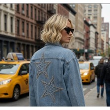 İbeeka Shining Star Denim Kot Ceket Sırt ve Omuz Taş Boncuk Işlemeli - Kot Mavi - 36 - ST01214-KOT Mavi-36