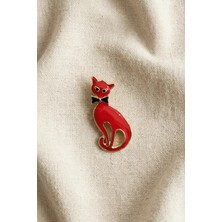 BB Bi Butik Shop Kırmızı Papyonlu Nostaljik Kedi Broş - Şıklığınıza Sevimli Bir Dokunuş