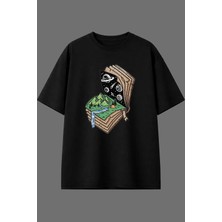 Vsrn Kitap Doğa Tasarım Ön Baskılı Siyah Oversize T Shirt
