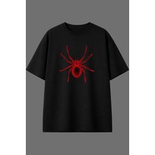 Vsrn Kırmızı Parıldar Örümcek Tasarım Ön Baskılı Siyah Oversize T Shirt