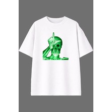 Vsrn Yeşil Garip Iskelet Tasarım Ön Baskılı Beyaz Oversize T Shirt