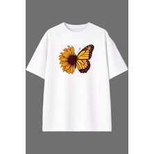 Vsrn Papatya Kelebek Tasarım Ön Baskılı Beyaz Oversize T Shirt
