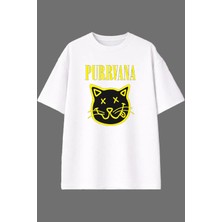 Vsrn Purrvana Tasarım Ön Baskılı Beyaz Oversize T Shirt