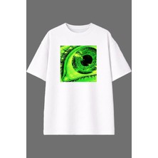 Vsrn Yeşil Surat Tasarım Ön Baskılı Beyaz Oversize T Shirt