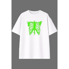 Vsrn Yeşil Kaburga Tasarım Ön Baskılı Beyaz Oversize T Shirt