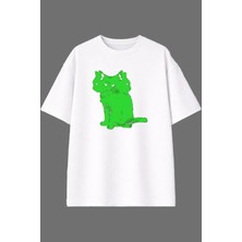 Vsrn Hipnoz Kediler Tasarım Ön Baskılı Beyaz Oversize T Shirt