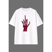 Vsrn Kırmızı Orta Parmak Tasarım Ön Baskılı Beyaz Oversize T Shirt