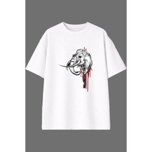Vsrn Fil Zincirli Tasarım Ön Baskılı Beyaz Oversize T Shirt
