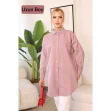 Deq Fashion Kadın Bordo Beyaz Çizgili Oversize Uzun Tunik Gömlek Tesettür Uyumlu Rahat Kalıp Salaş Gömlek