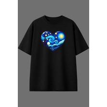 Vsrn Kalp Mavi Tasarım Ön Baskılı Siyah Oversize T Shirt