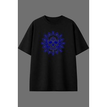 Vsrn Desenli Mavi Iskelet Tasarım Ön Baskılı Siyah Oversize T Shirt