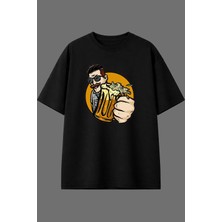 Vsrn Beer Friends Tasarım Ön Baskılı Siyah Oversize T Shirt