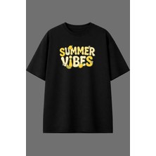 Vsrn Summer Vıbes Tasarım Ön Baskılı Siyah Oversize T Shirt