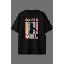 Vsrn Gamer Gırl Tasarım Ön Baskılı Siyah Oversize T Shirt