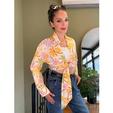 Ali Butik Desenli Önü Açık Crop Keten Gömlek