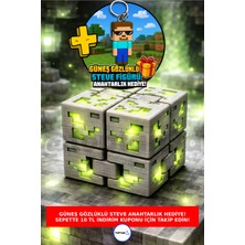 Minecraft Tarzı Zümrüt Stres Küpü, Sonsuz Küp + Güneş Gözlüklü Steve Anahtarlık