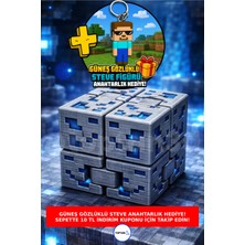 Minecraft Tarzı Mavi Taş Stres Küpü, Sonsuz Küp + Güneş Gözlüklü Steve Anahtarlık