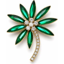 Felix Accessories Yeşil Kristal Çiçek Broş