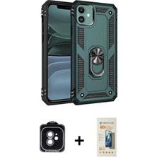 Marsilyan™- iPhone 11 Kılıf Ahenk Klasik Koleksiyonu - Siyah 6d Mat Seramik Hayalet Nano Ekran Koruyucu + Yeşil Pvd Metal Kamera Lens