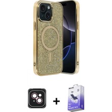 Marsilyan™- iPhone 14 Kılıf Eksen Çizgi - Siyah Bilvis 5in1 5d Magic Hayalet Cam Ekran Koruyucu + Pembe Pvd Metal Kamera Lens