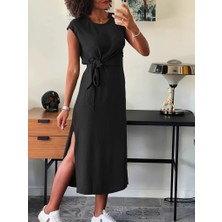 Alyn Wear Kadın Kısa Kollu Yuvarlak Yaka Belden Bağcıklı Önden Yırtmaçlı Aerobin Elbise