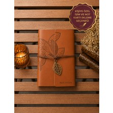 Rüya Kıyısı Kişiye Özel Vintage Tasarım Yaprak Detaylı Bağlamalı Vegan Deri Defter