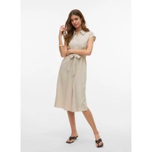 Vero Moda Bej Kadın Yuvarlak Yaka Elbise Vmmymılo Sl Calf Shırt Dress Wvn Ga