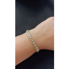 Liva Accessories Altın Kaplama Kararmayan Altın Renkli Hasır Örme Zirkon Taşlı Kalın Bileklik