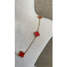 Liva Accessories Zincirli Kolye-Kırmızı Renkli,  Kararmayan, Anti-Alerjik, Çok Kaliteli, Beşli Büyük Cleef Çiçekleri