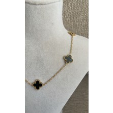 Liva Accessories Zincirli Kolye-Siyah Renkli,  Kararmayan, Anti-Alerjik, Çok Kaliteli, Beşli Büyük Cleef Çiçekleri