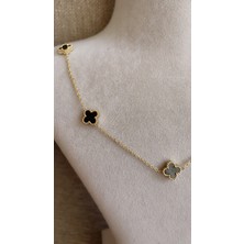 Liva Accessories Zincirli Kolye-Siyah Renkli, Kararmayan, Anti-Alerjik, Çok Kaliteli, Beşli Mini Cleef Çiçekleri