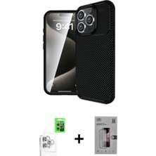Marsilyan™- iPhone 16 Pro Kılıf Eksen Form Prime - Siyah Bilvis 3D Mat Cam Ekran Koruyucu + Beyaz Raze Metal Kamera Lens