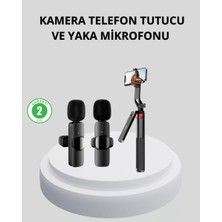Kablosuz Çift Yaka Mikrofonu ve Tripodlu Selfie Çubuğu Içerik Üretici Seti