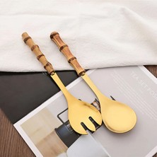 Kitchen Dream Bambu Ahşap Saplı Salata Kaşık Çatal Seti Paslanmaz Çelik Servis Seti