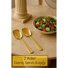 Kitchen Dream Pratik 2 Adet Paslanmaz Gold Çelik Lüx Servis Salata Kaşığı Spatula Çelik Yemek Servis Kaşığı 21CM