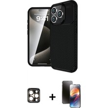Marsilyan™- iPhone 16 Pro Max Kılıf Eksen Form Prime - Siyah 3D Antistatik Mat Seramik Nano Ekran Koruyucu + Pvd Metal Kamera Lens - Gd
