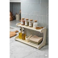 Kitchen Dream Hazeran Detaylı 2 Katlı Dekoratif Raf Çok Fonksiyonlu Hazeran Desenli Bambu Raf Rustik Bohem Mutfak Banyo ve Kahve Köşesi Raf