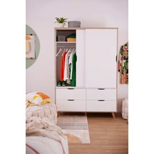 Sare Trade Hernest 140X201X53 cm Sürgülü Kapaklı Gardırop – 4 Çekmeceli Beyaz Meşe Renk Elbise Dolabı | Modern Yatak Odası Gardırop