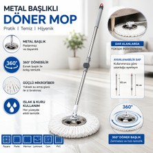 Çemi 360° Metal Başlıklı Döner Mop Sapı + Beyaz Mikrofiber Bez (Kova Dahil Değildir - Yenileme Seti)