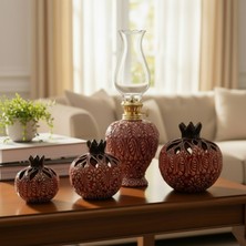 Sharp & Art Bordo Dekoratif Çini Gaz Lambası ve Çini Nar Mumluk Takımı