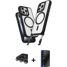 Marsilyan™- iPhone 15 Pro Max Kılıf Atlas Doku Koleksiyonu - Siyah 3D Antistatik Hayalet Cam Ekran Koruyucu + Raze Metal Kamera Lens - Gs