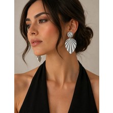Allona Shop Silver Leaf Statement Küpe – Yaprak Form Modern Sallantılı Küpe