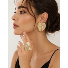 Allona Shop Kadın Gold Yaprak Desenli Küpe & Yüzük Kombin Seti